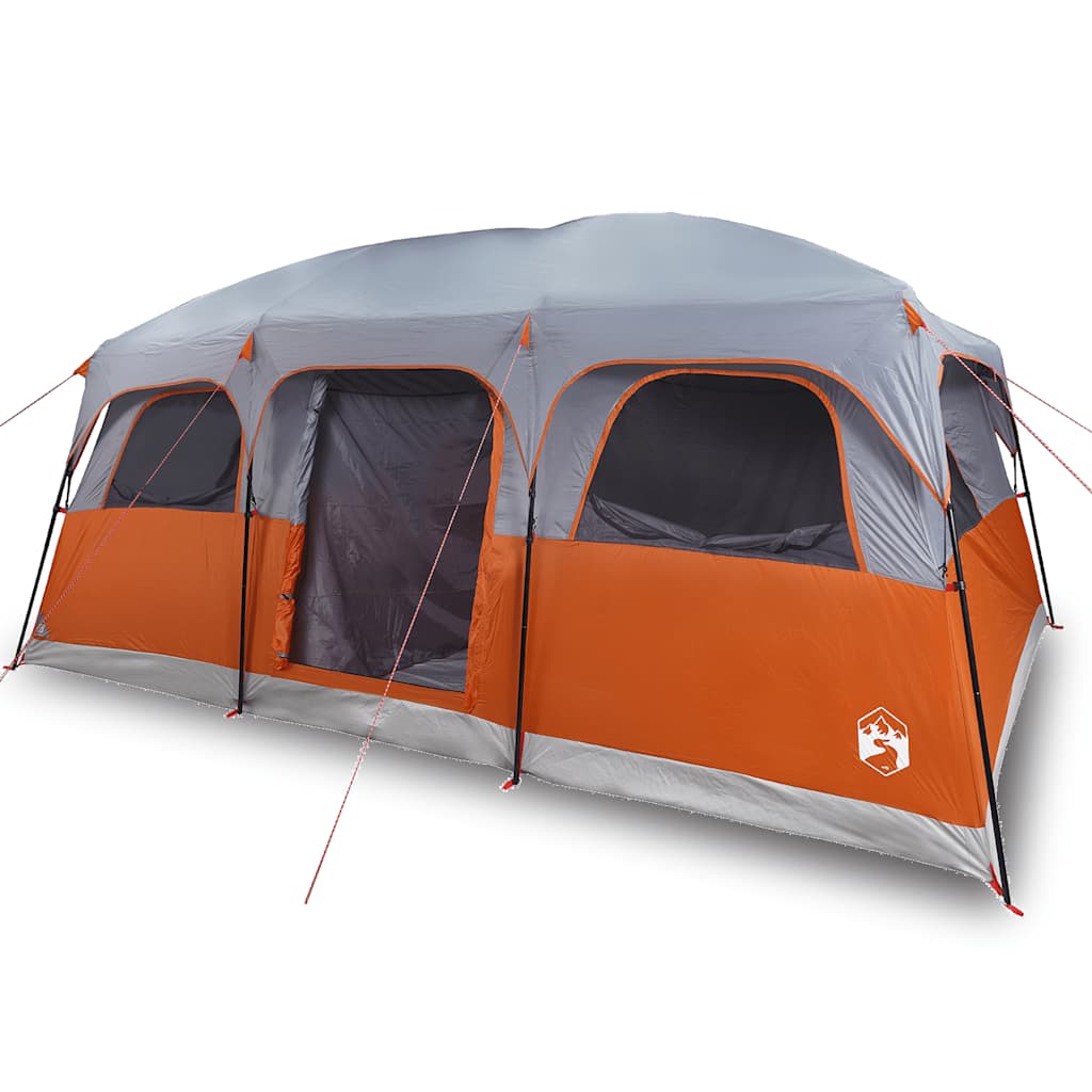 Zijaanzicht van de vidaXL 10-persoons tent in grijs met oranje details.