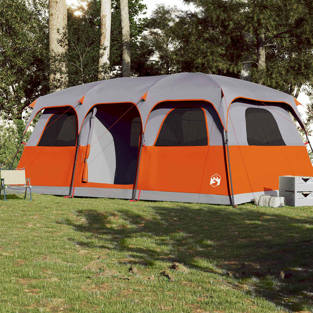 Zijaanzicht van de vidaXL 10-persoons tent in grijs en oranje, met grote ventilatieroosters.