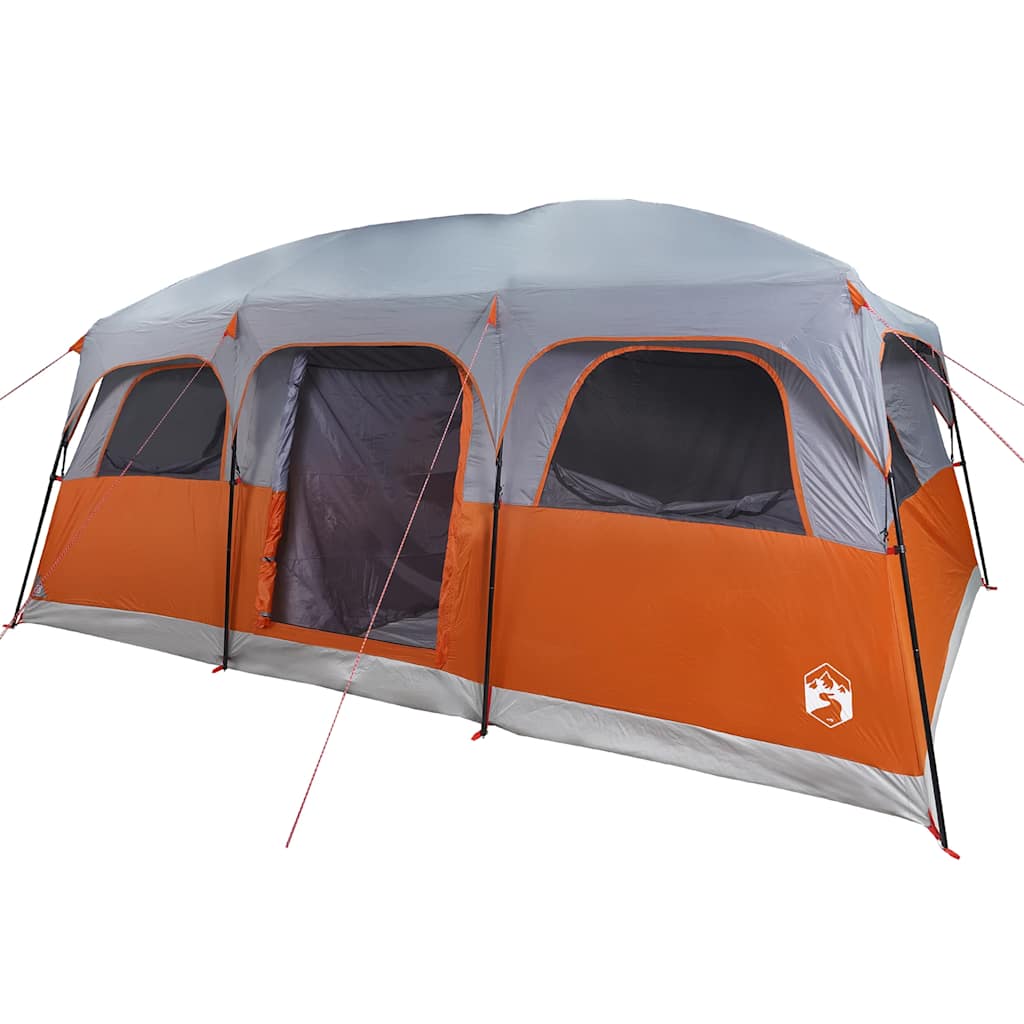 Detail van de vidaXL 10-persoons tent in grijs en oranje, zijaanzicht met openingen voor ventilatie.