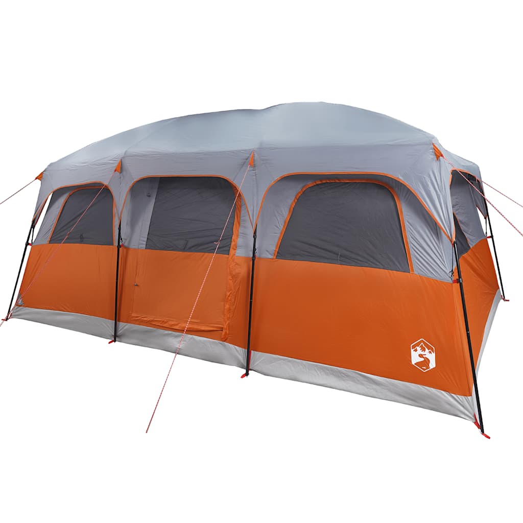 Zijaanzicht van de vidaXL 10-persoons tent in grijs en oranje met ventilatieroosters.
