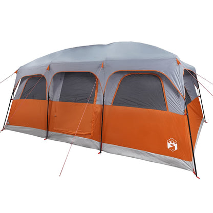 Zijaanzicht van de vidaXL 10-persoons tent in grijs en oranje met ventilatieroosters.