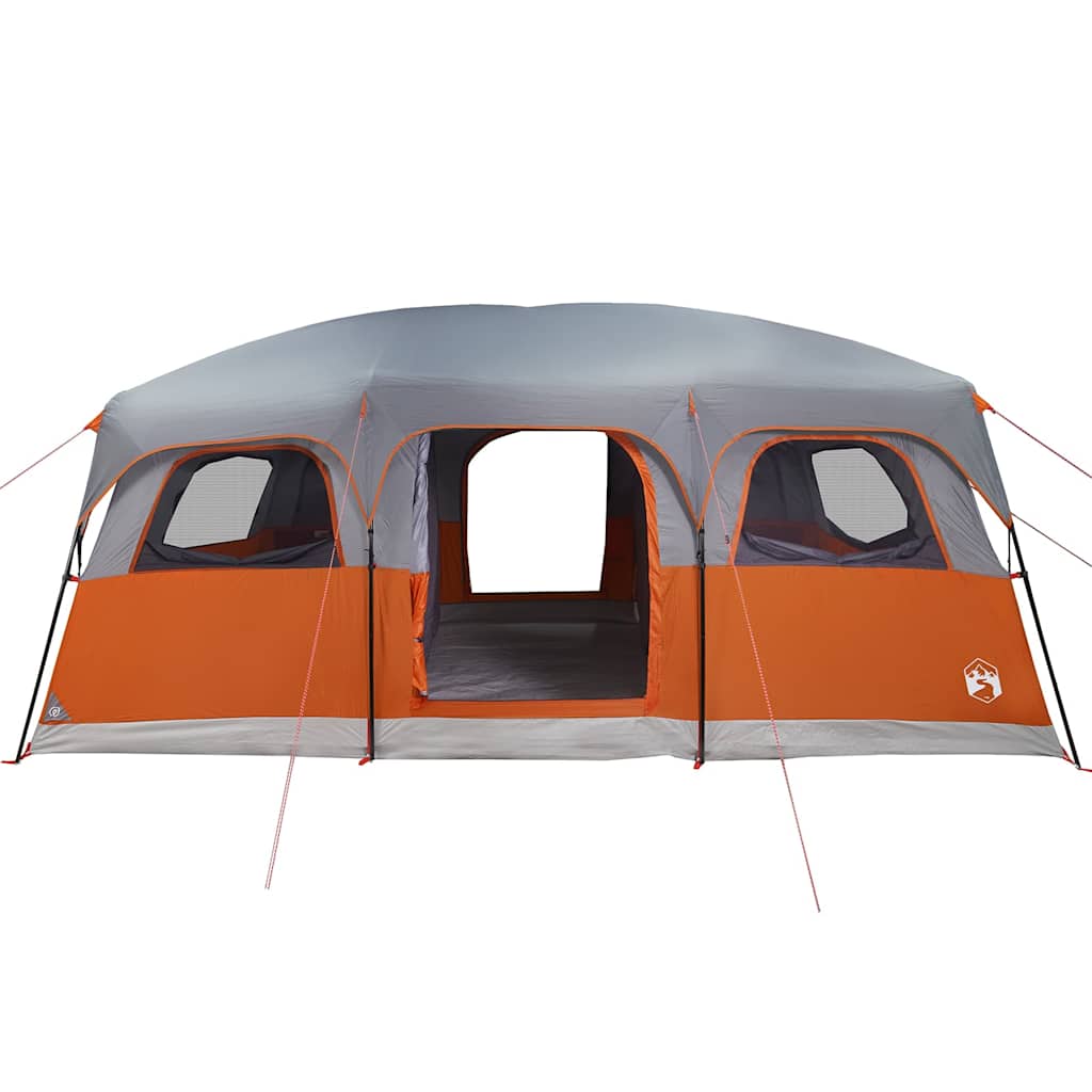 Detail van de grijze vidaXL gezinstent met oranje accenten en open ingangen.