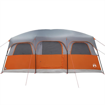 Zijaanzicht van de vidaXL 10-persoons tent in grijs en oranje, met grote ingangen.