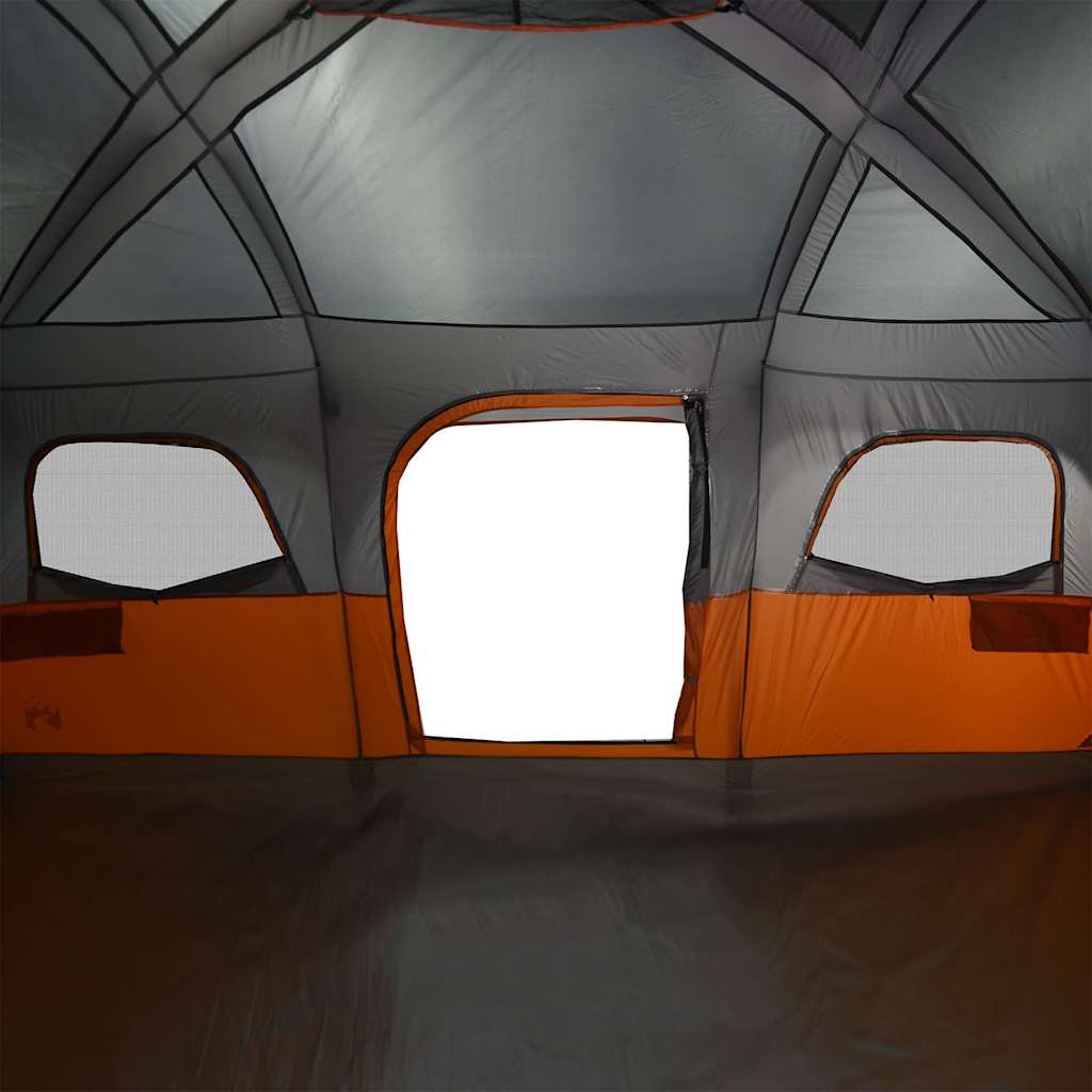 Detail van de grijze vidaXL gezinstent met oranje accenten en ventilatieroosters.