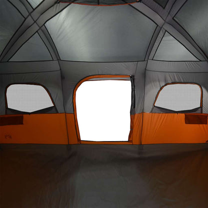 Detail van de grijze vidaXL gezinstent met oranje accenten en ventilatieroosters.