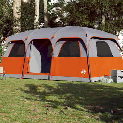 vidaXL 10-persoons waterdichte tent in grijs en oranje, zijaanzicht in een groene omgeving.