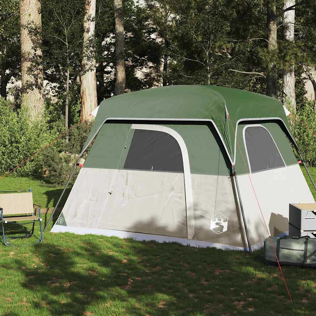 Detail van de vidaXL 4-persoons tent in groen met waterdichte buitentent en gaaswanden.