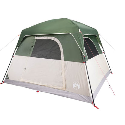 Detail van de vidaXL 4-persoons tent, met groene bovenkant en zijwanden in neutrale kleuren.