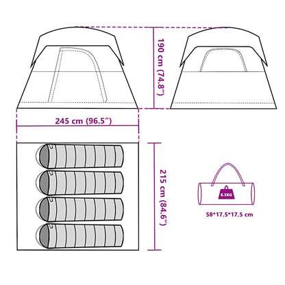 Detail van de tentafmetingen en de opbergtas van de vidaXL 4-persoons waterdichte tent.
