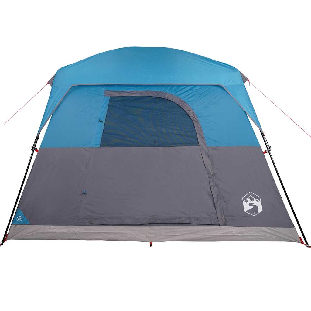 Detail van de blauwe vidaXL tent met waterdichte buitentent en ventilatierooster.