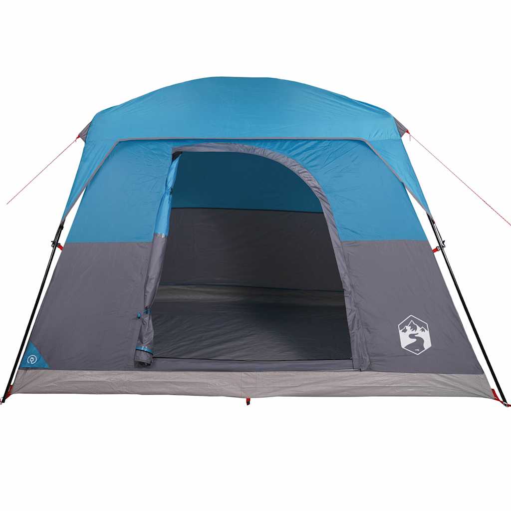 Zijaanzicht van de vidaXL 4-persoons waterdichte tent in blauw en grijs.