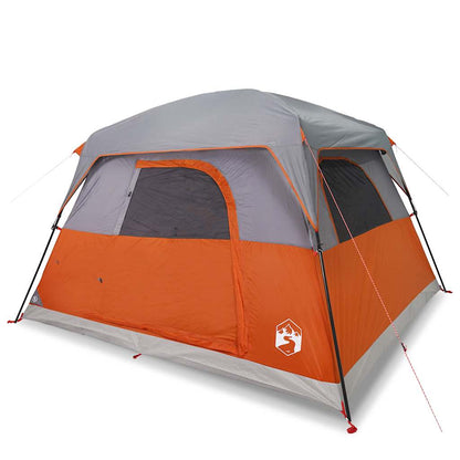 Zijaanzicht van de vidaXL 4-persoons tent in oranje met grijze accenten.