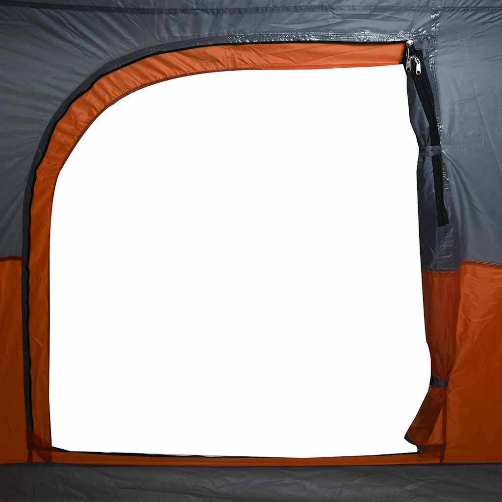 Detail van de oranje tent van vidaXL met waterdichte ingang en gaasventilatie.