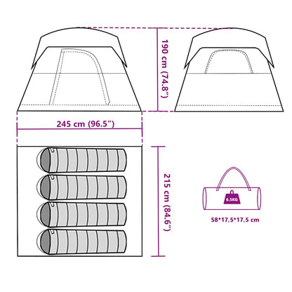 Detailweergave van de afmetingen en opbergmogelijkheden van de vidaXL 4-persoons tent.