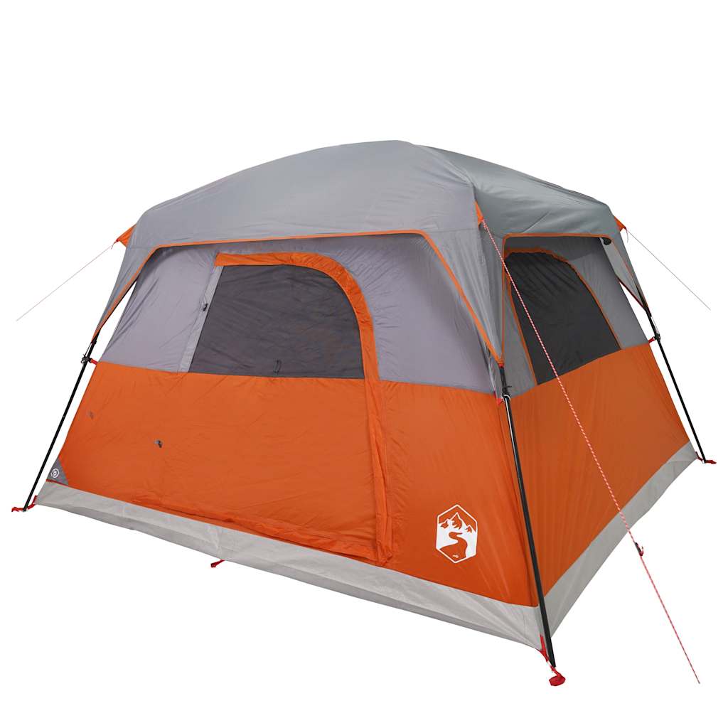 Zijaanzicht van de vidaXL 4-persoons tent in oranje en grijs, met ventilatieroosters.
