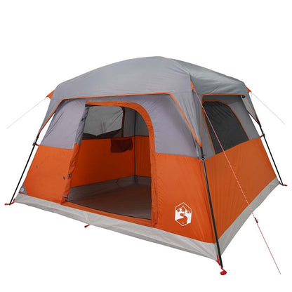 Zijaanzicht van de vidaXL 4-persoons tent in oranje met grijze accenten en open deur.