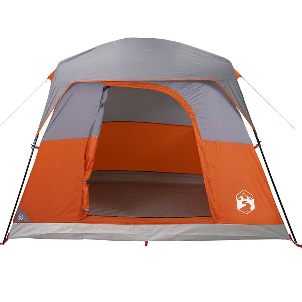Zijaanzicht van de vidaXL 4-persoons tent in oranje met grijze accenten en open ingang.