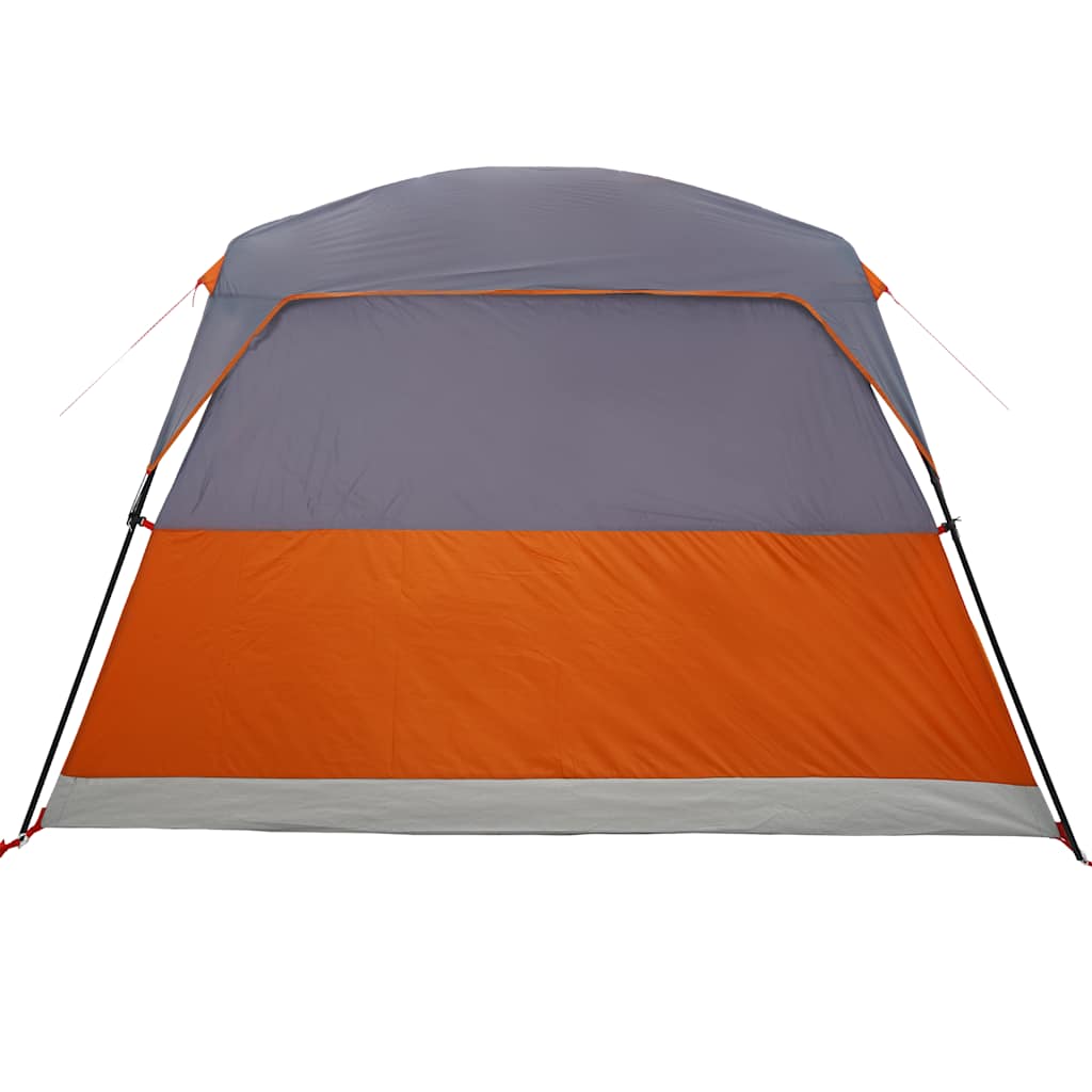 Zijaanzicht van de vidaXL 4-persoons tent in oranje en grijs, met waterdichte coating.