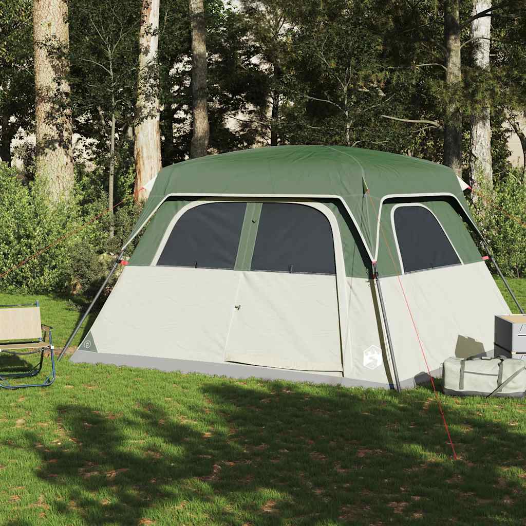 Zijaanzicht van de vidaXL 6-persoons gezinstent in groen, met ventilatieroosters en waterdichte bekleding.