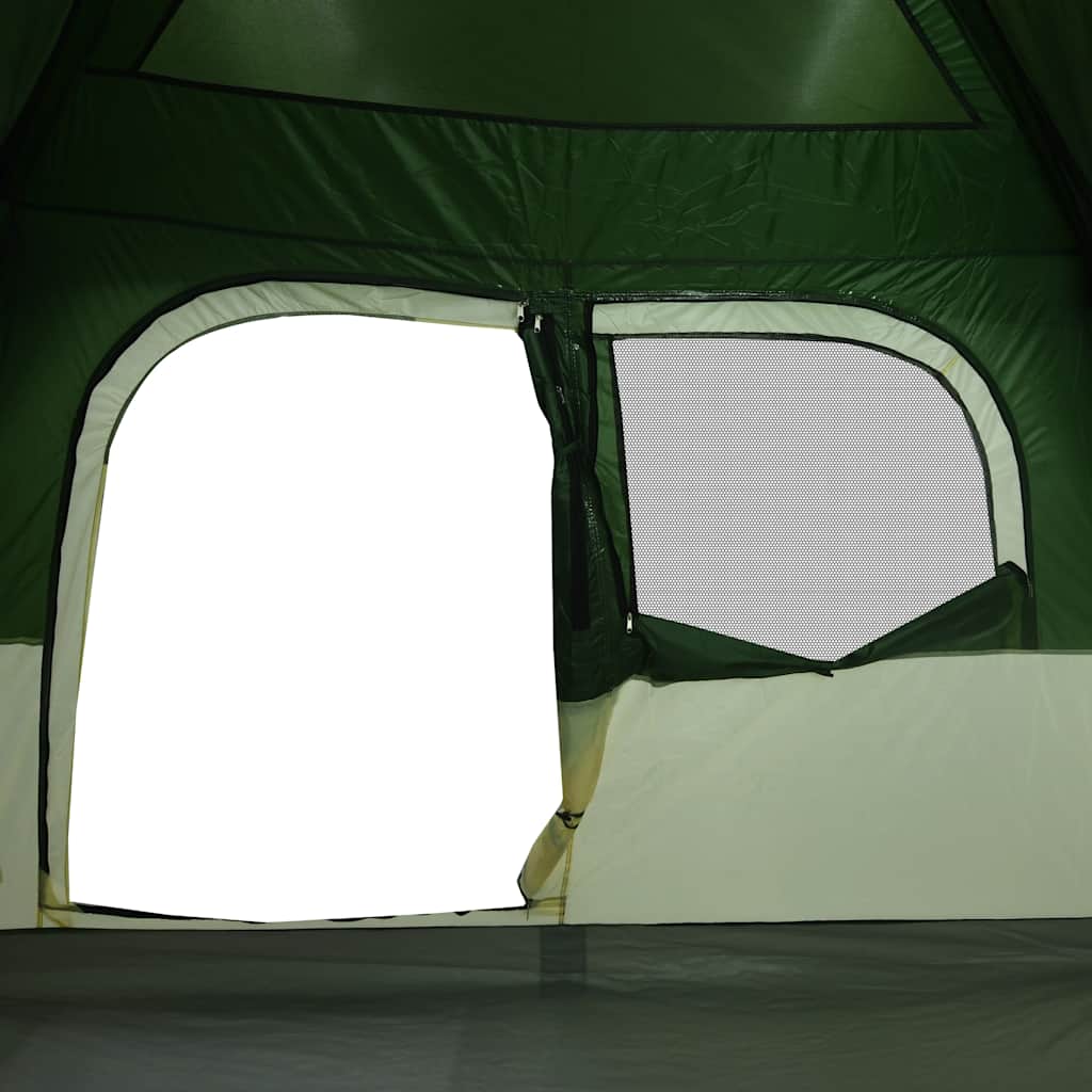 Detail van de groene vidaXL gezinstent met ventilatierooster en ingangen.