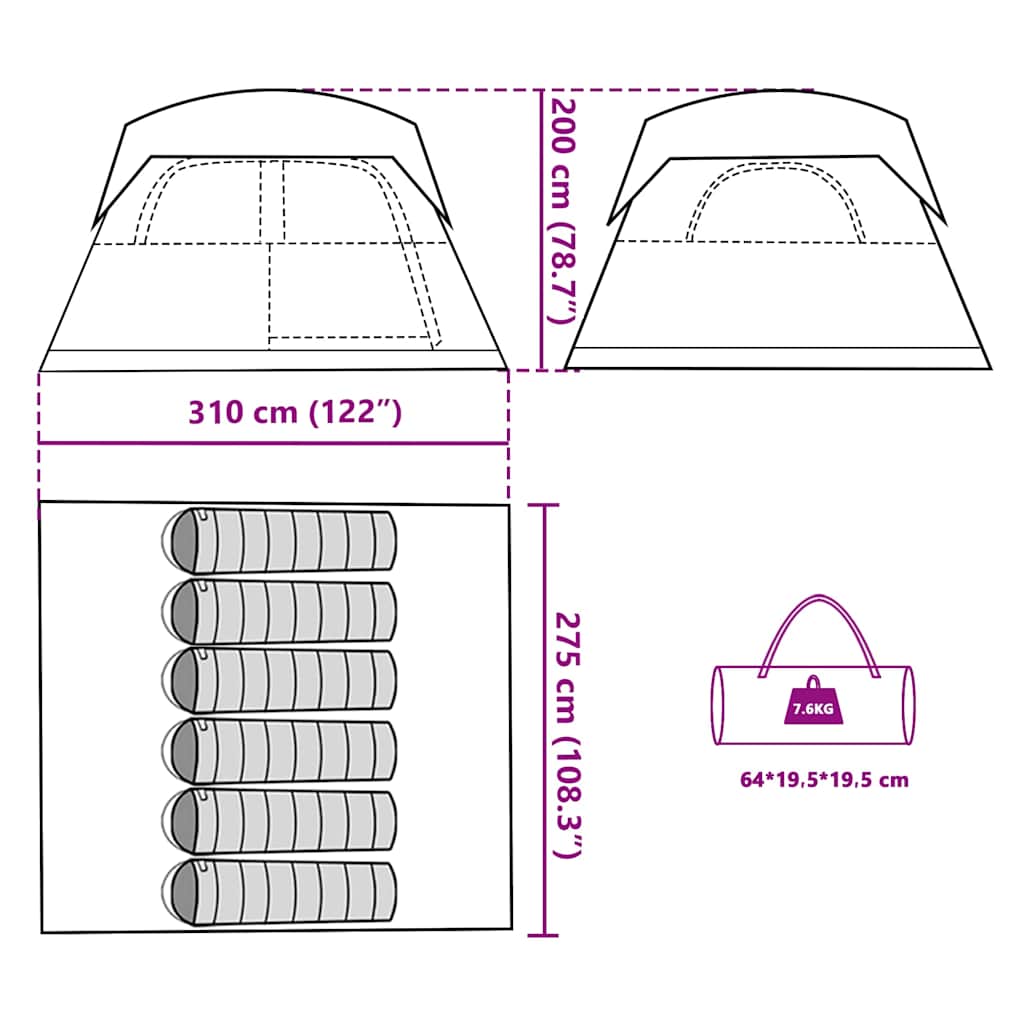 Detailtekening van de vidaXL 6-persoons tent met afmetingen en opberghoeveelheid.