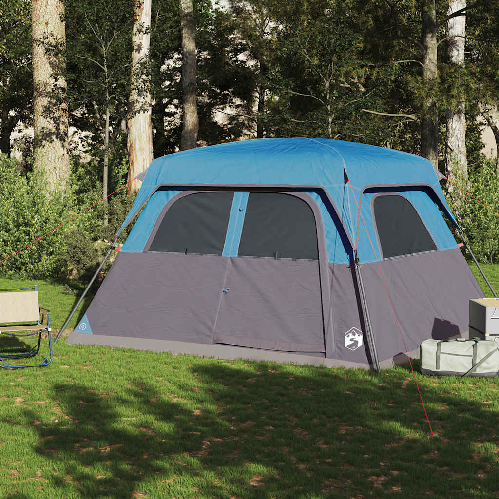 Zijaanzicht van de vidaXL 6-persoons tent met blauwe bovenkant en grijze wanden.