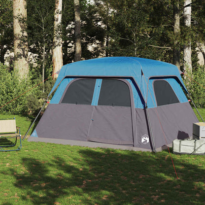 Zijaanzicht van de vidaXL 6-persoons tent met blauwe bovenkant en grijze wanden.
