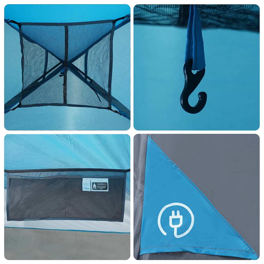 Detail van de gaaswanden en haak van de vidaXL 6-persoons tent in blauw.