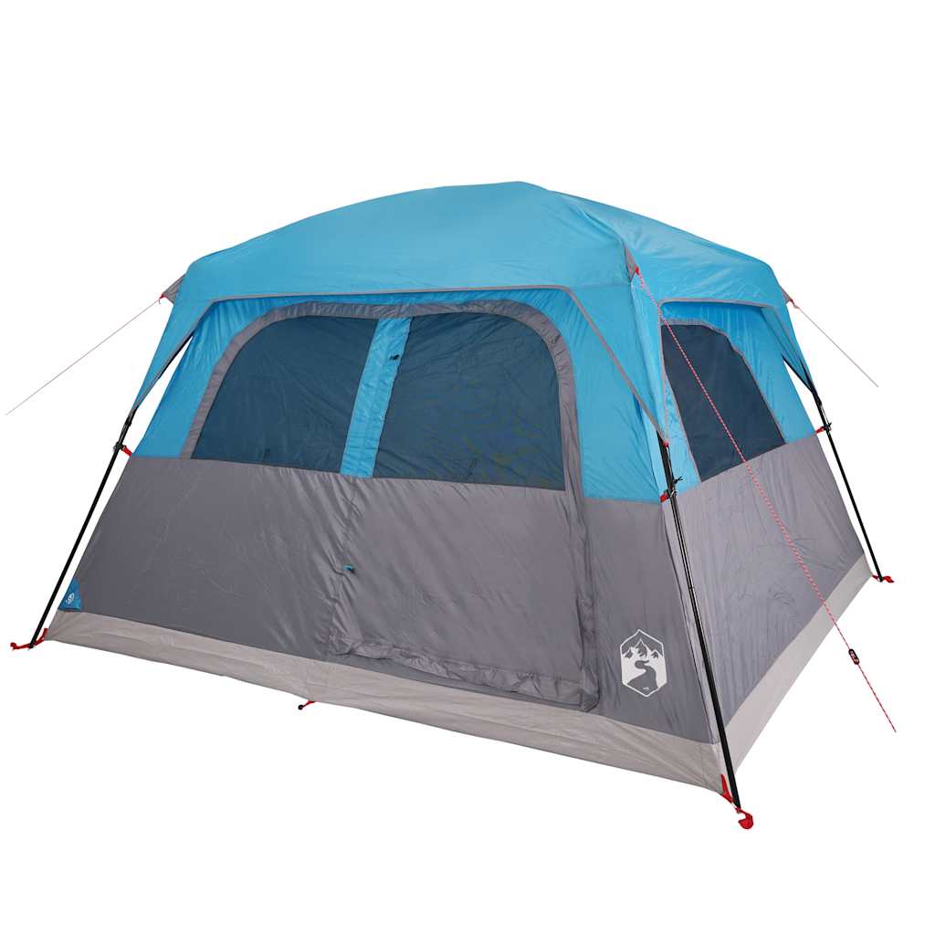Zijaanzicht van de vidaXL 6-persoons tent in blauw, met gaaswanden voor ventilatie.