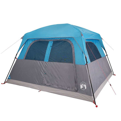 Zijaanzicht van de vidaXL 6-persoons tent in blauw, met gaaswanden voor ventilatie.