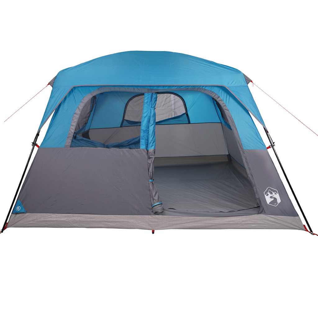 Zijaanzicht van de vidaXL 6-persoons tent met blauwe en grijze kleuren, open ingang en ventilatieroosters.