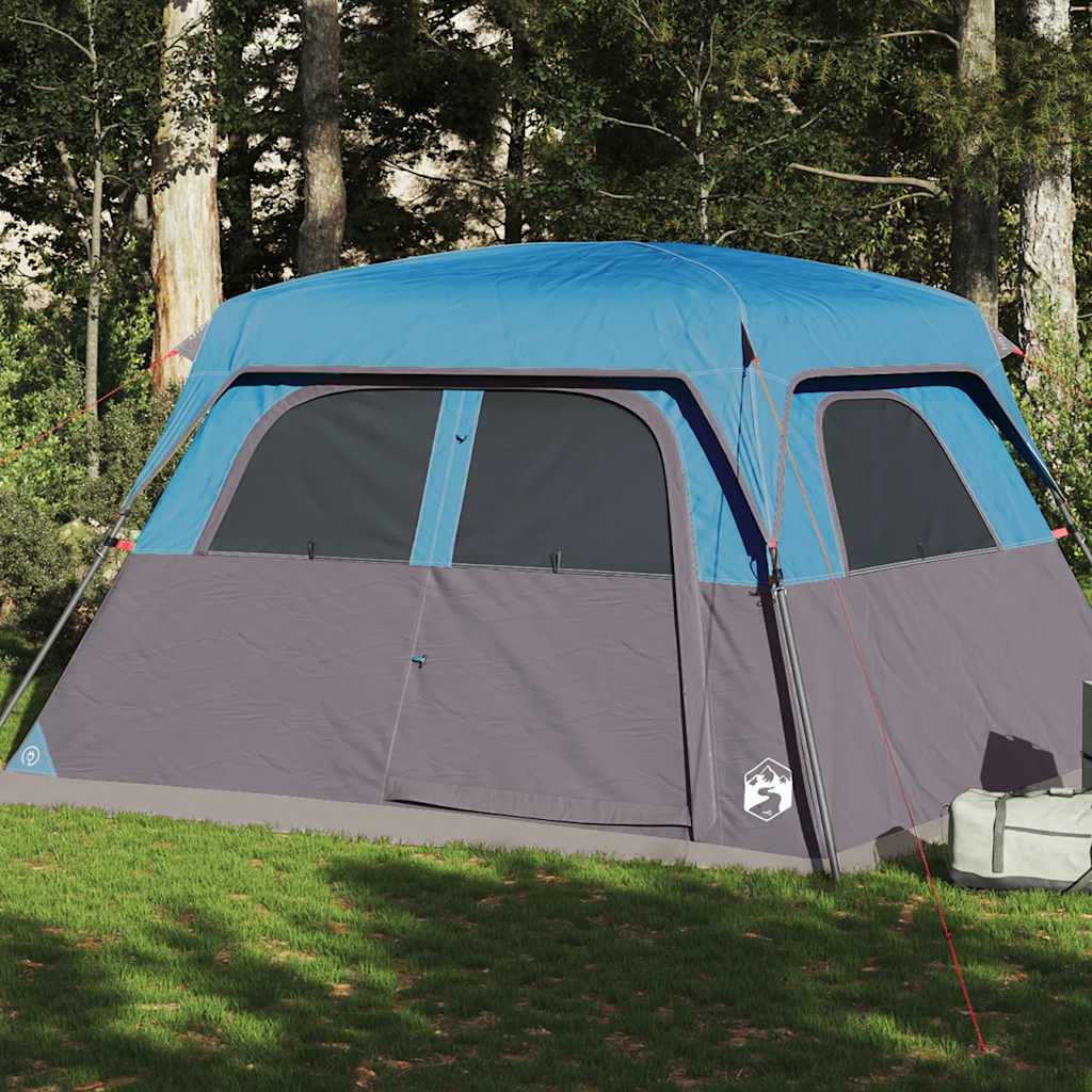 VidaXL 6-persoons waterdichte gezinstent in blauw, zijaanzicht met gaaswanden voor ventilatie.