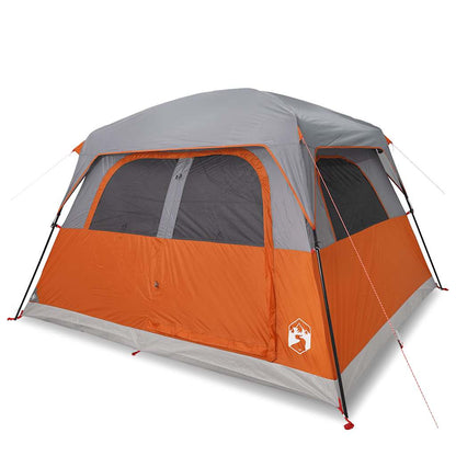 Zijaanzicht van de vidaXL 6-persoons tent in oranje en grijs met gaaswanden.