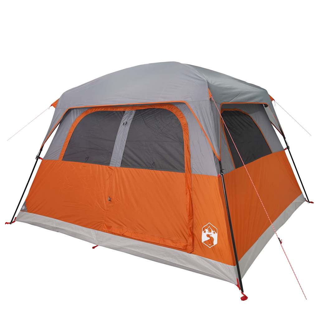 Zijaanzicht van de vidaXL 6-persoons tent met waterdichte oranje en grijze kleuren.