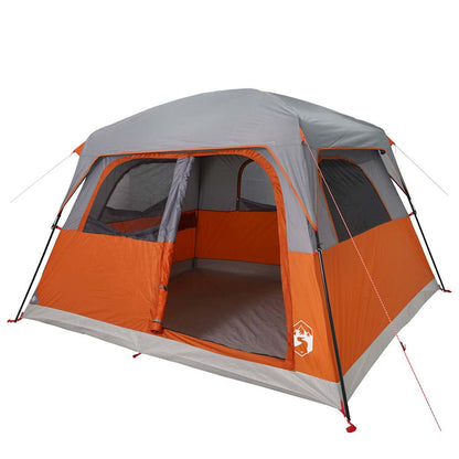 Zijaanzicht van de vidaXL 6-persoons tent in waterdicht oranje met gaaswanden.