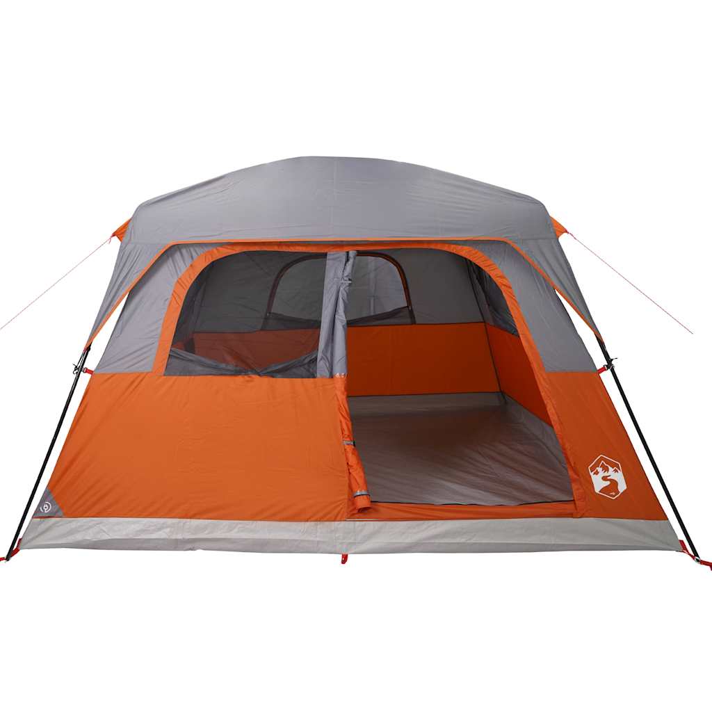 Zijaanzicht van de vidaXL 6-persoons tent in oranje met grijze accenten en gaasvensters.