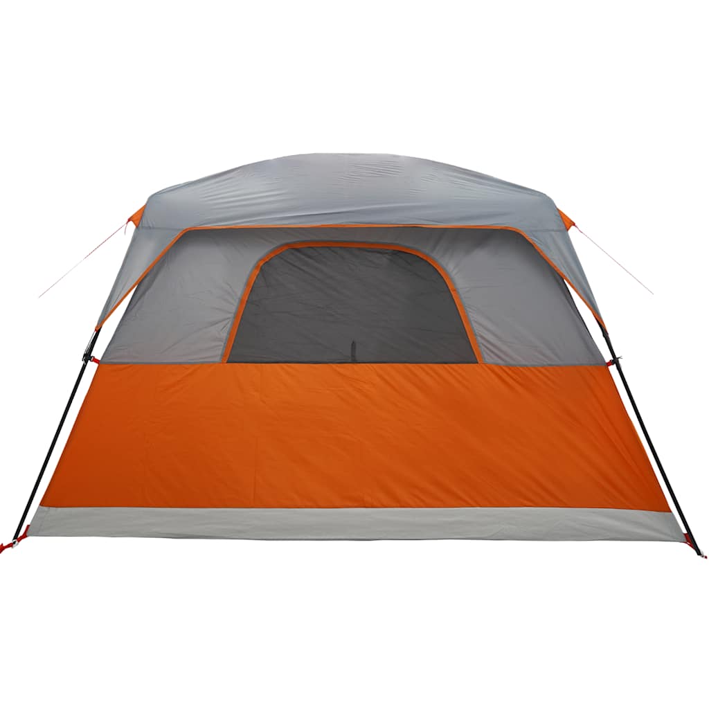 Zijaanzicht van de vidaXL 6-persoons tent in oranje met grijze accenten.