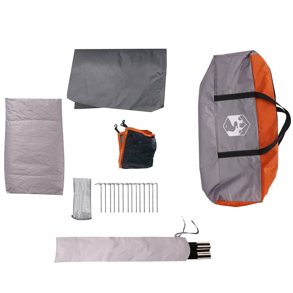 Detail van de accessoires van de vidaXL 6-persoons waterdichte tent in grijs en oranje.