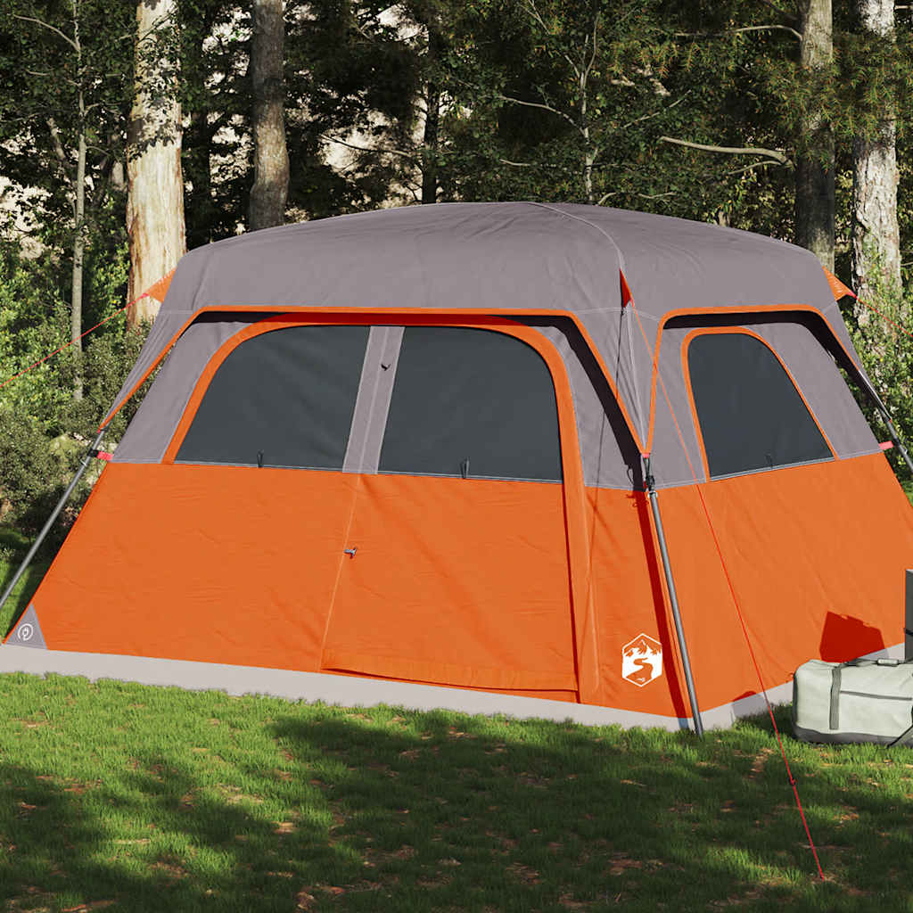 Zijaanzicht van de vidaXL 6-persoons waterdichte tent in oranje met grijze accenten.