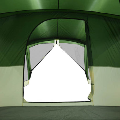 Detail van de groene vidaXL gezinstent met luifel, met zicht op de ingang en ventilatie.