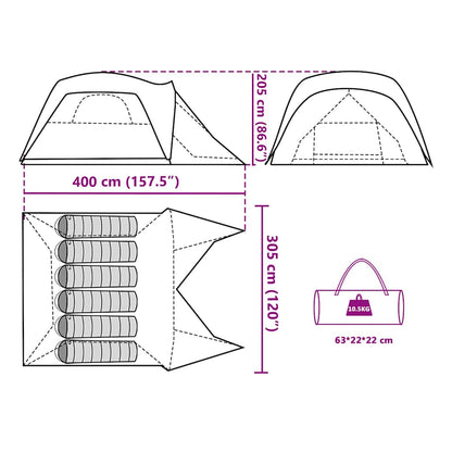 Technische tekening van de vidaXL gezinstent met afmetingen en luifel.