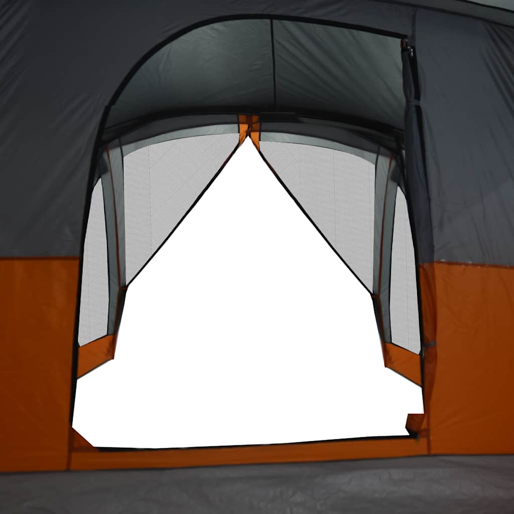 Detail van de grijze en oranje tent met open ventilatierooster van vidaXL.