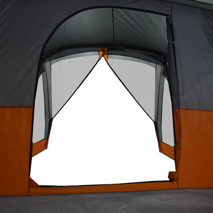 Detail van de grijze en oranje tent met open ventilatierooster van vidaXL.
