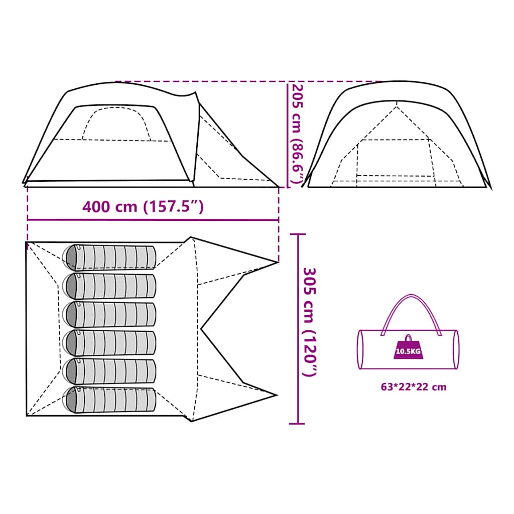 Detailtekening van de vidaXL 6-persoons tent met afmetingen en indeling.