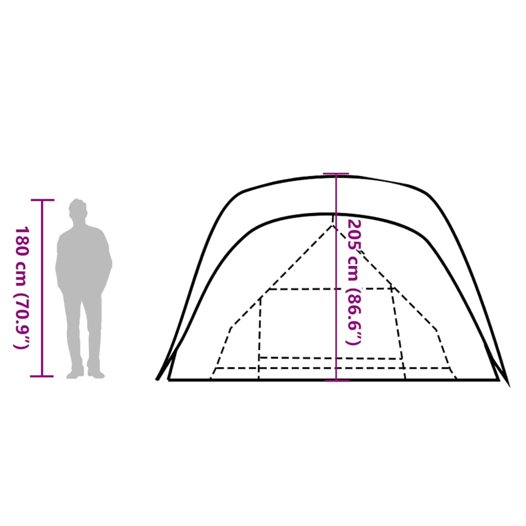 Zijaanzicht van de vidaXL 6-persoons tent met afmetingen en hoogte-informatie.