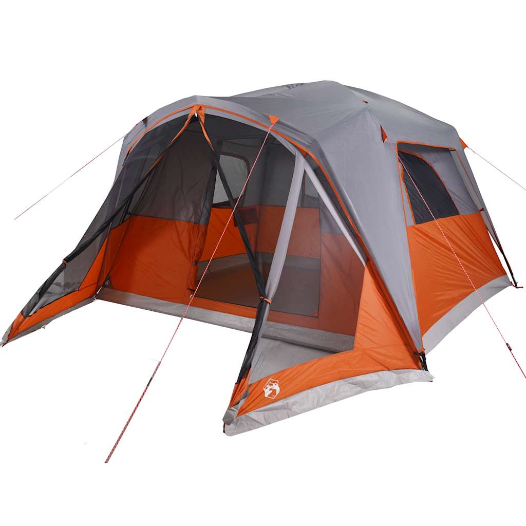 Detail van de vidaXL 6-persoons tent met grijs en oranje kleuren, zijaanzicht met open ingang.