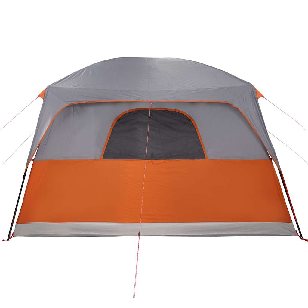 Detail van de grijze en oranje vidaXL gezinstent met grote ventilatieroosters.