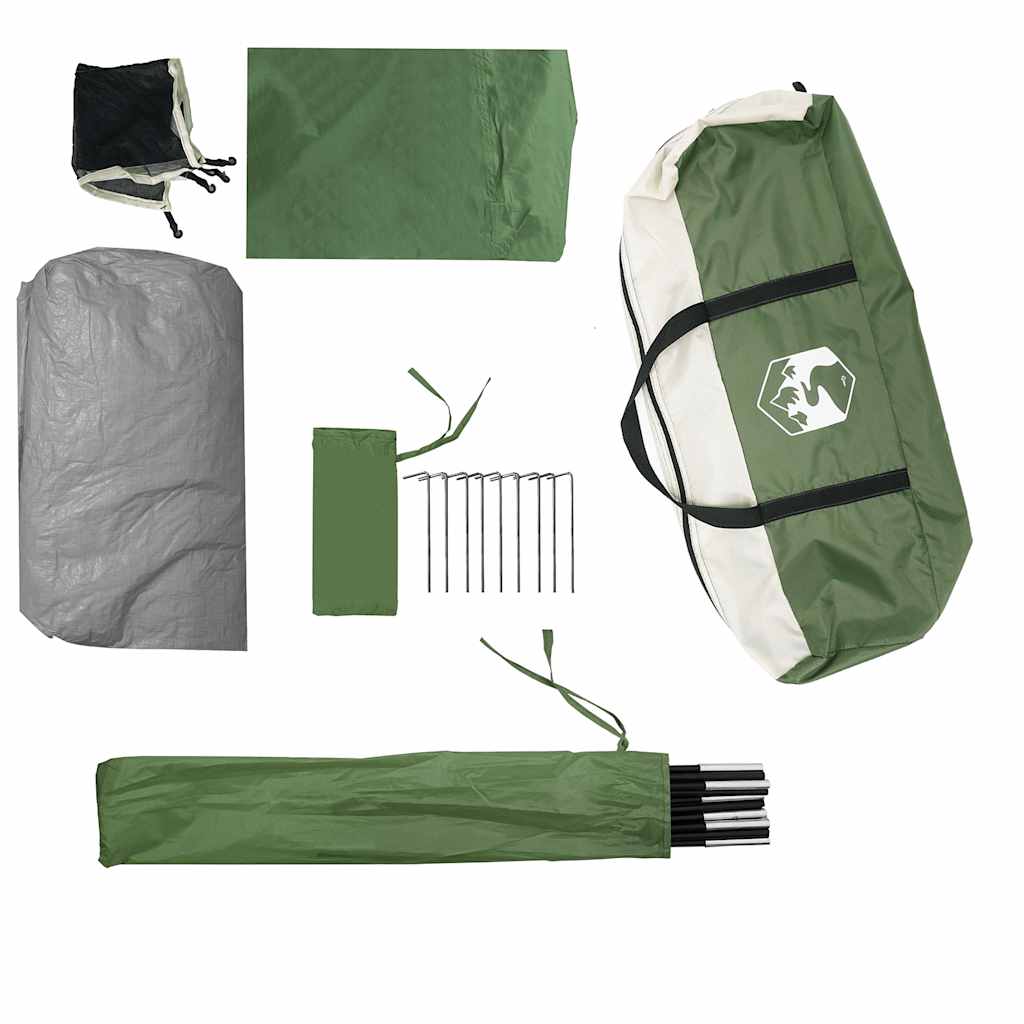 Detail van de groene vidaXL koepeltent met accessoires en tentstokken.