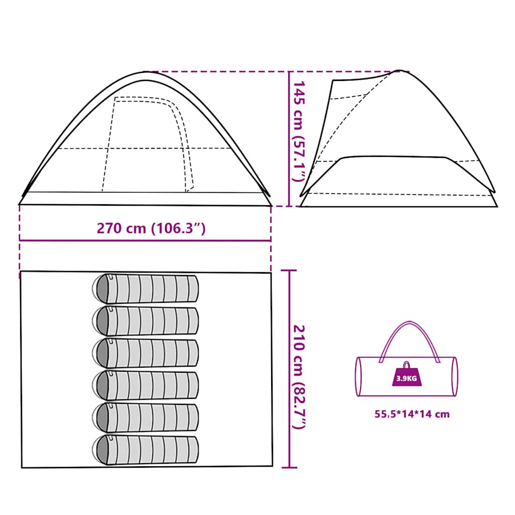 Detail van de afmetingen en opbergmogelijkheden van de vidaXL 6-persoons koepeltent.