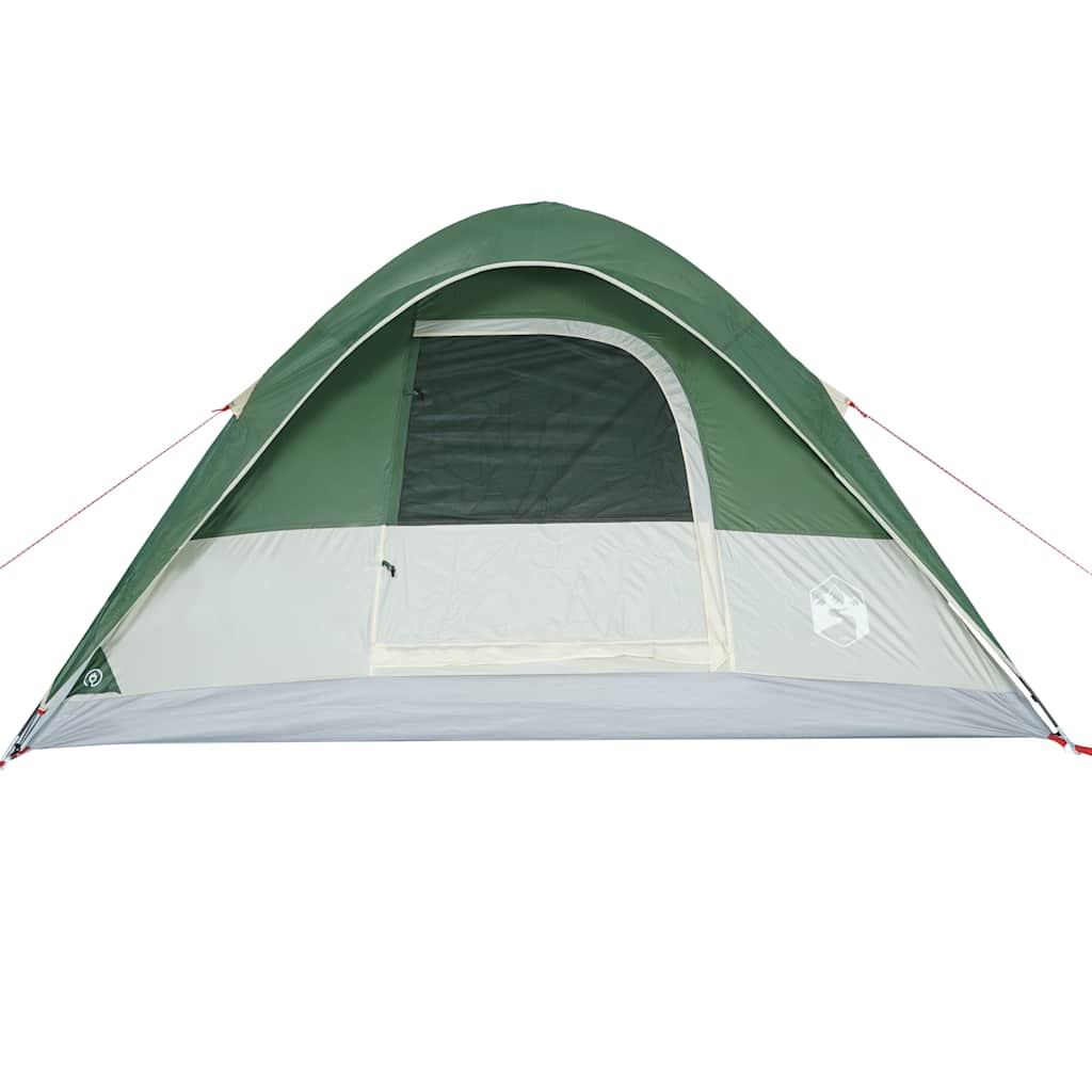 Zijaanzicht van de vidaXL koepeltent in groen met ventilatierooster en ingang.
